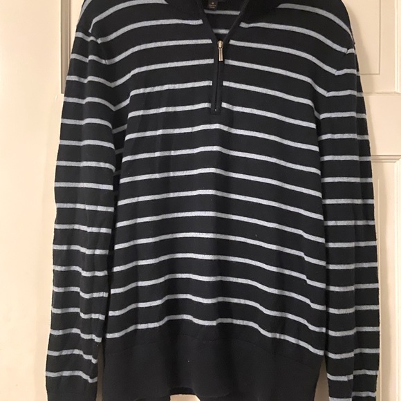 Brooks Brothers 100% Fine Merino Wool Half Zip Sweater- Navy Blue Stripes - Picture 2 of 13
